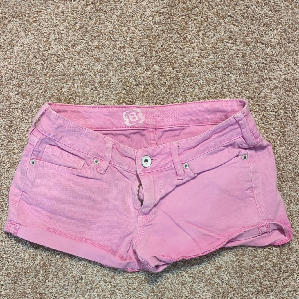 Pink Jean Shorts with Distressed Hem
